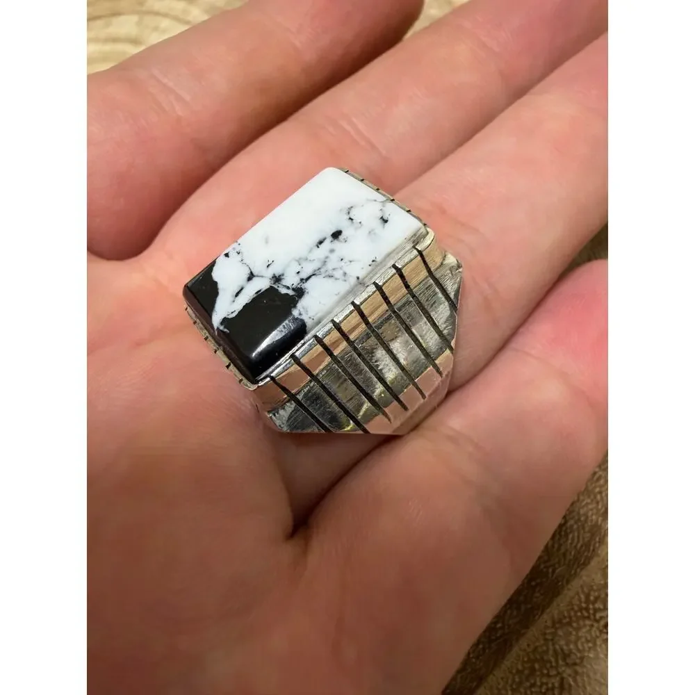 Navajo White Buffalo Turquoise Men's Ring Size 10 Silver  Sterling - Trevor Jack
